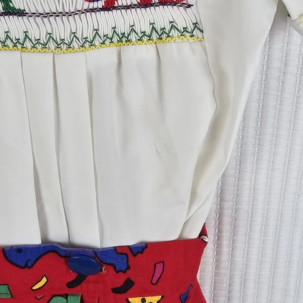 VTG Button-in Smocked‎ Dinosaur 2pc Outfit Colorful Dino Pleated